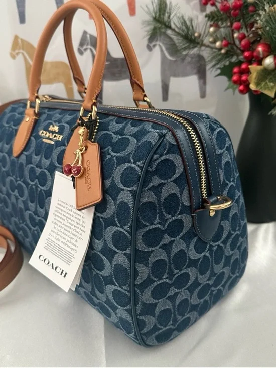 COACH Blue Signature Denim Satchel with Tan Leather Handles🦋🦋 - Picture 3 of 6